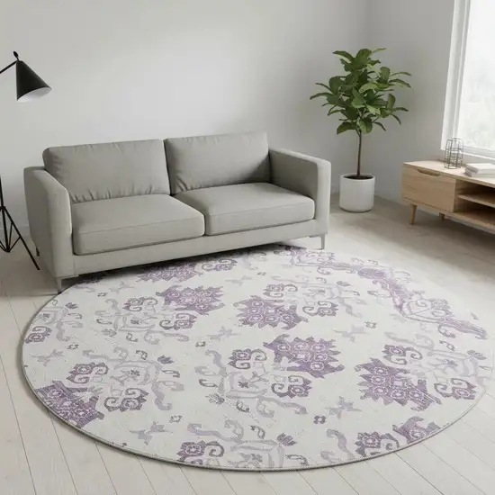 8' Purple And Ivory Medallion Washable Round Rug With UV Protection Photo 2