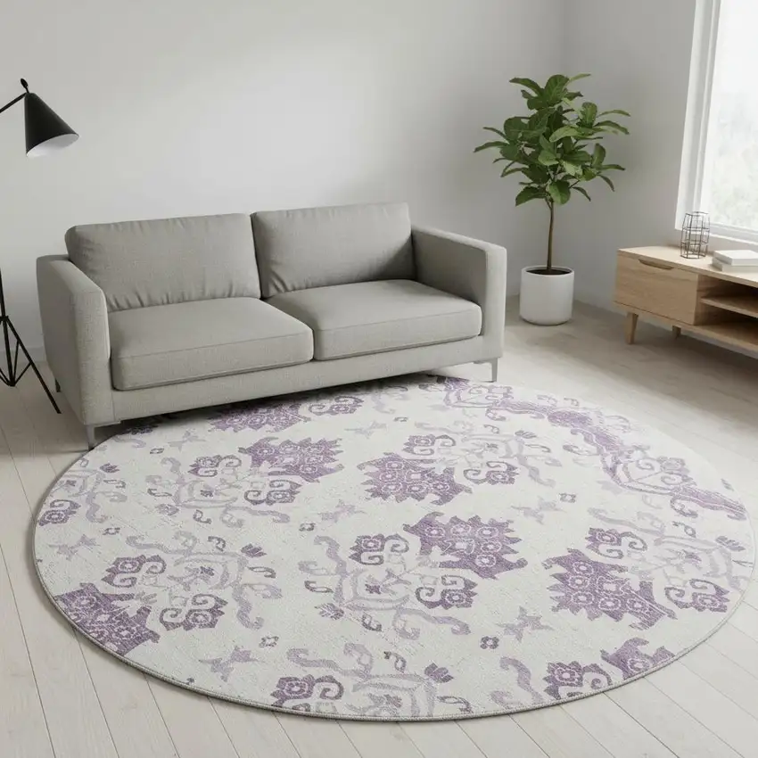 8' Purple And Ivory Medallion Washable Round Rug With UV Protection Photo 2