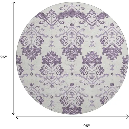 8' Purple And Ivory Medallion Washable Round Rug With UV Protection Photo 3