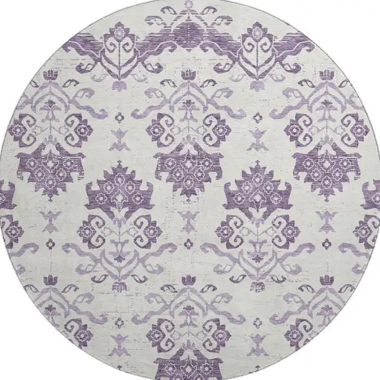 8' Purple And Ivory Medallion Washable Round Rug With UV Protection Photo 4