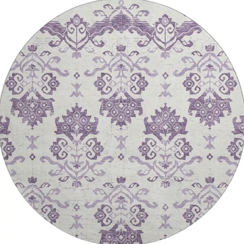 8' Purple And Ivory Medallion Washable Round Rug With UV Protection Photo 4