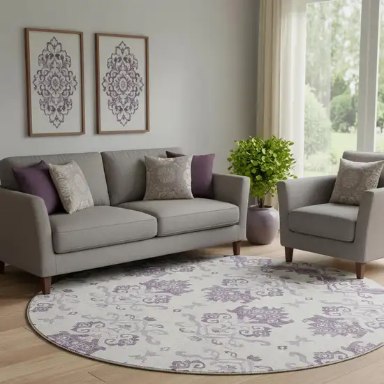 8' Purple And Ivory Medallion Washable Round Rug With UV Protection Photo 1