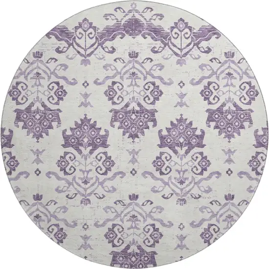 8' Purple And Ivory Medallion Washable Round Rug With UV Protection Photo 1