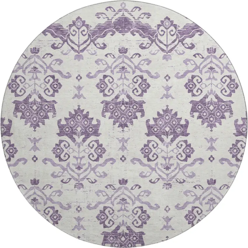 8' Purple And Ivory Medallion Washable Round Rug With UV Protection Photo 1