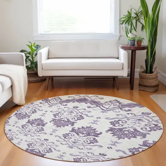 8' Purple And Ivory Medallion Washable Round Rug With UV Protection Photo 5