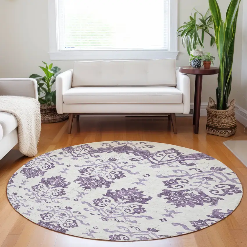8' Purple And Ivory Medallion Washable Round Rug With UV Protection Photo 5