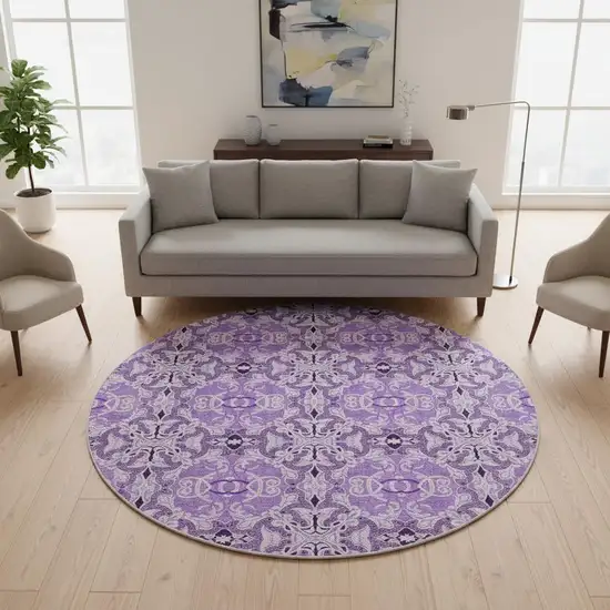 8' Purple And Ivory Medallion Washable Round Rug With UV Protection Photo 2