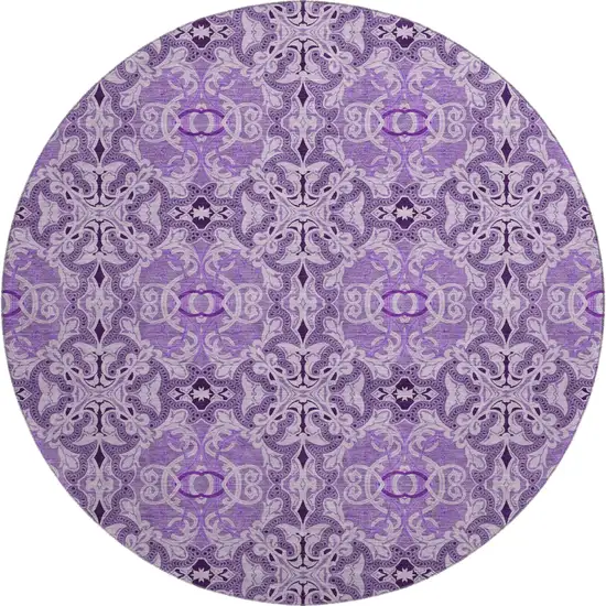 8' Purple And Ivory Medallion Washable Round Rug With UV Protection Photo 1