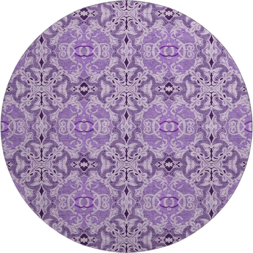 8' Purple And Ivory Medallion Washable Round Rug With UV Protection Photo 1