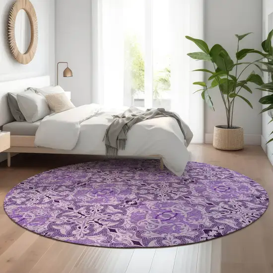 8' Purple And Ivory Medallion Washable Round Rug With UV Protection Photo 5