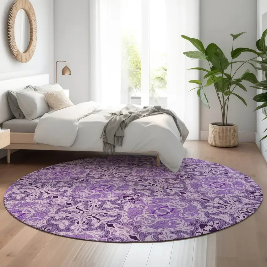 8' Purple And Ivory Medallion Washable Round Rug With UV Protection Photo 5