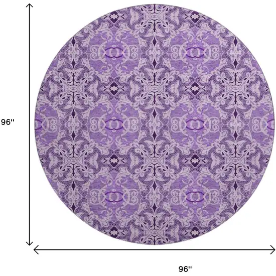 8' Purple And Ivory Medallion Washable Round Rug With UV Protection Photo 3
