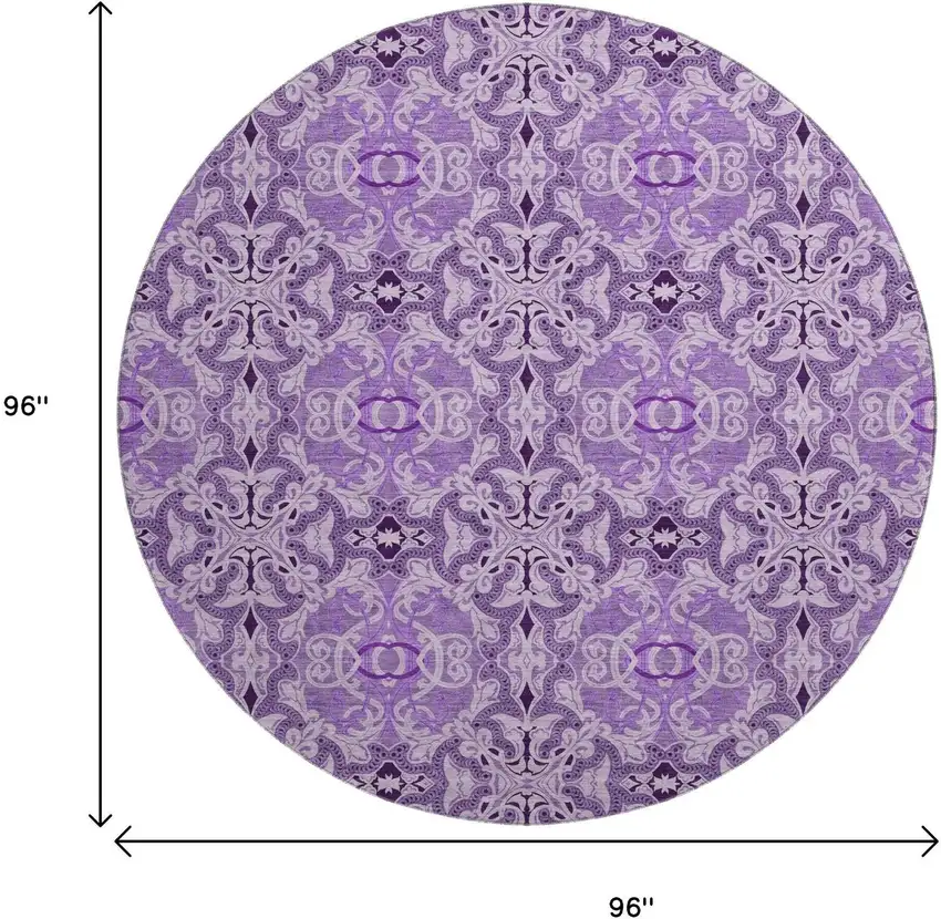 8' Purple And Ivory Medallion Washable Round Rug With UV Protection Photo 3