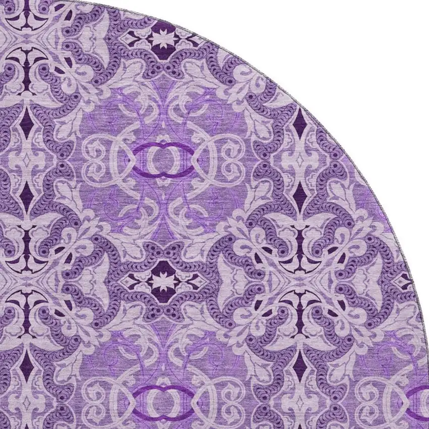 8' Purple And Ivory Medallion Washable Round Rug With UV Protection Photo 3
