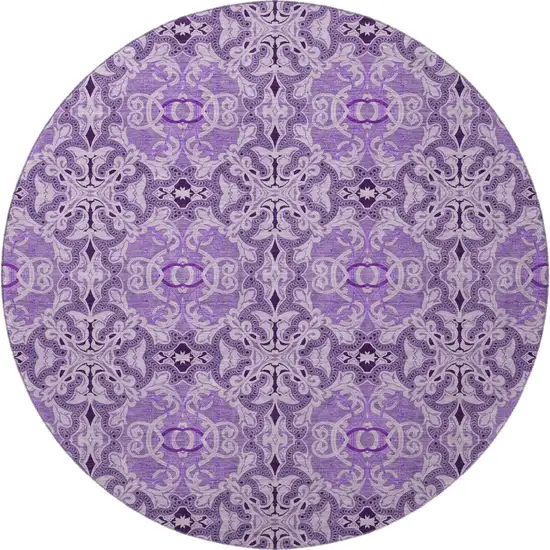 8' Purple And Ivory Medallion Washable Round Rug With UV Protection Photo 4
