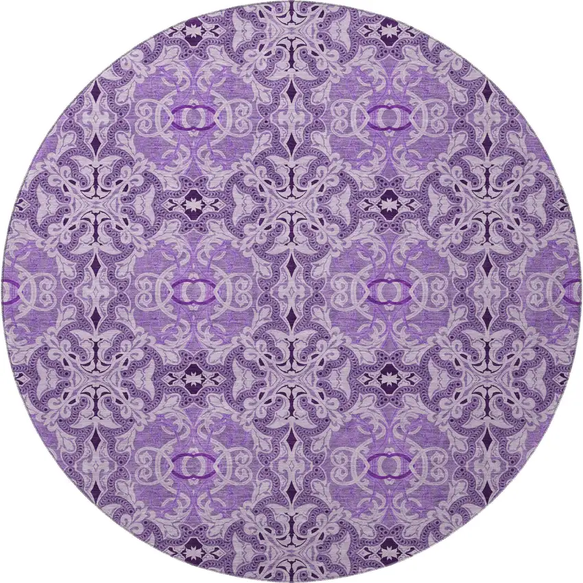 8' Purple And Ivory Medallion Washable Round Rug With UV Protection Photo 4