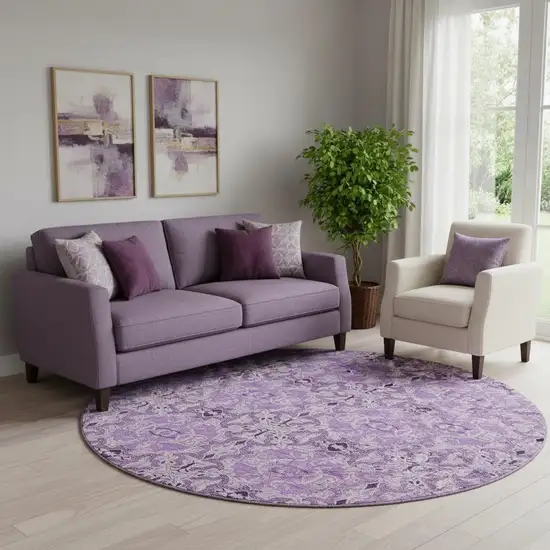 8' Purple And Ivory Medallion Washable Round Rug With UV Protection Photo 1