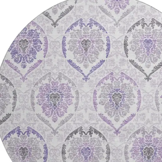 8' Purple And Ivory Medallion Washable Round Rug With UV Protection Photo 3