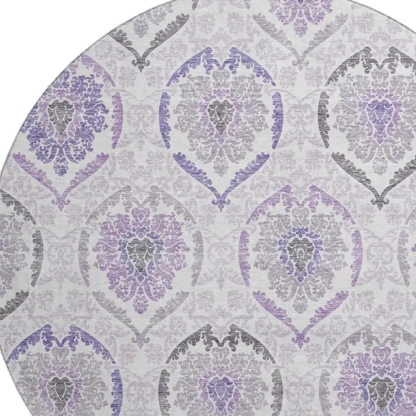 8' Purple And Ivory Medallion Washable Round Rug With UV Protection Photo 3