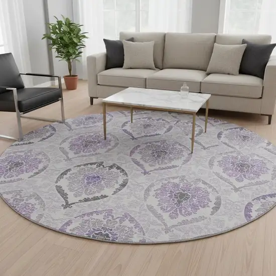 8' Purple And Ivory Medallion Washable Round Rug With UV Protection Photo 2
