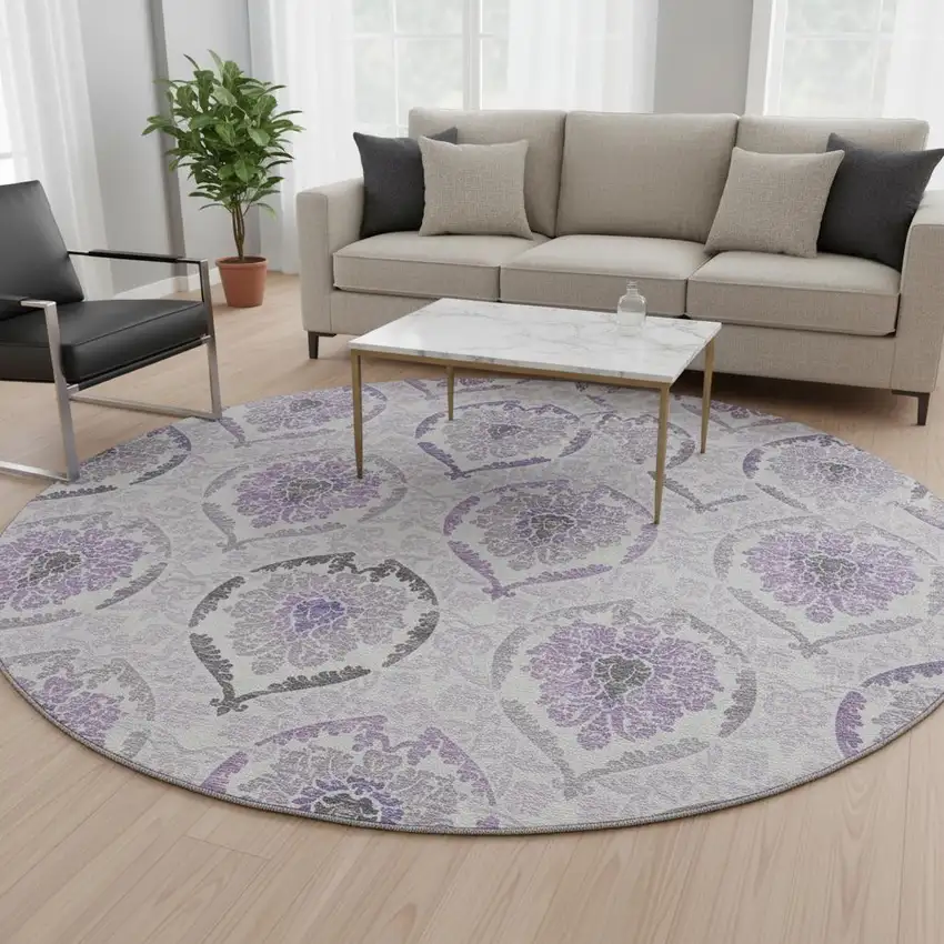 8' Purple And Ivory Medallion Washable Round Rug With UV Protection Photo 2