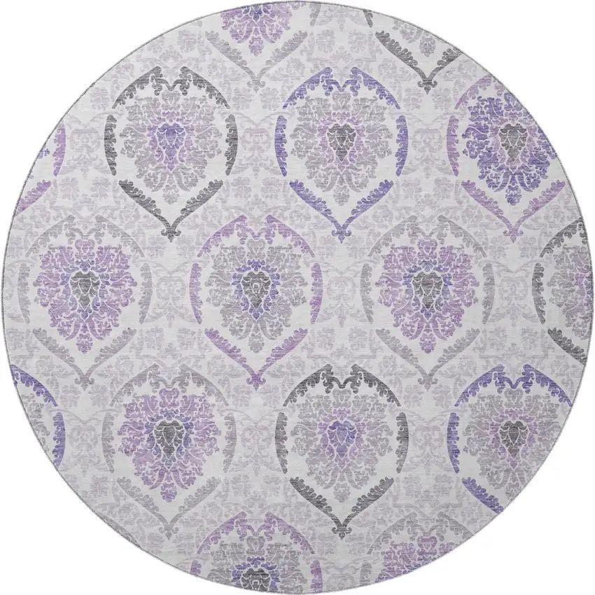 8' Purple And Ivory Medallion Washable Round Rug With UV Protection Photo 4