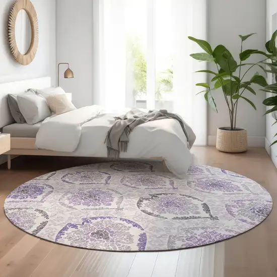 8' Purple And Ivory Medallion Washable Round Rug With UV Protection Photo 5