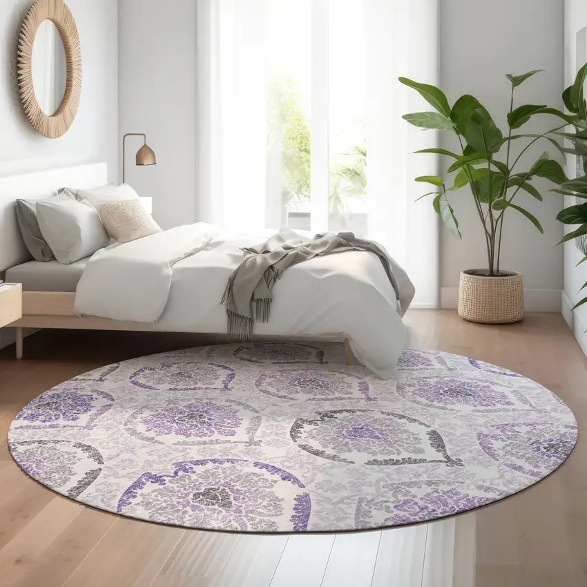 8' Purple And Ivory Medallion Washable Round Rug With UV Protection Photo 5