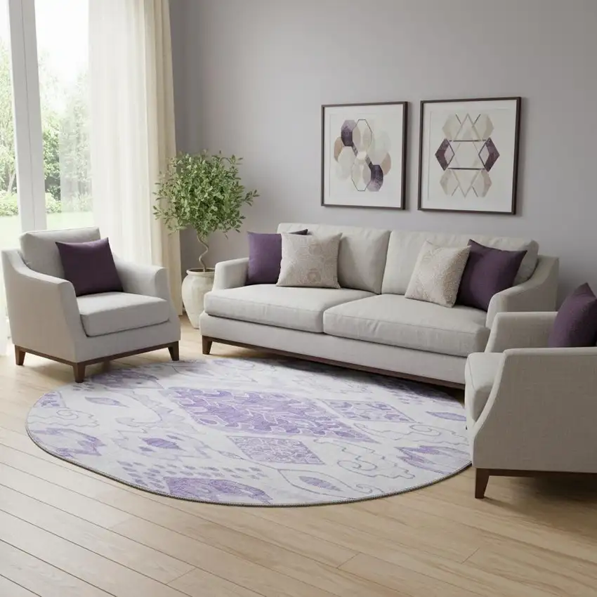 8' Purple And Ivory Moroccan Washable Round Rug With UV Protection Photo 3
