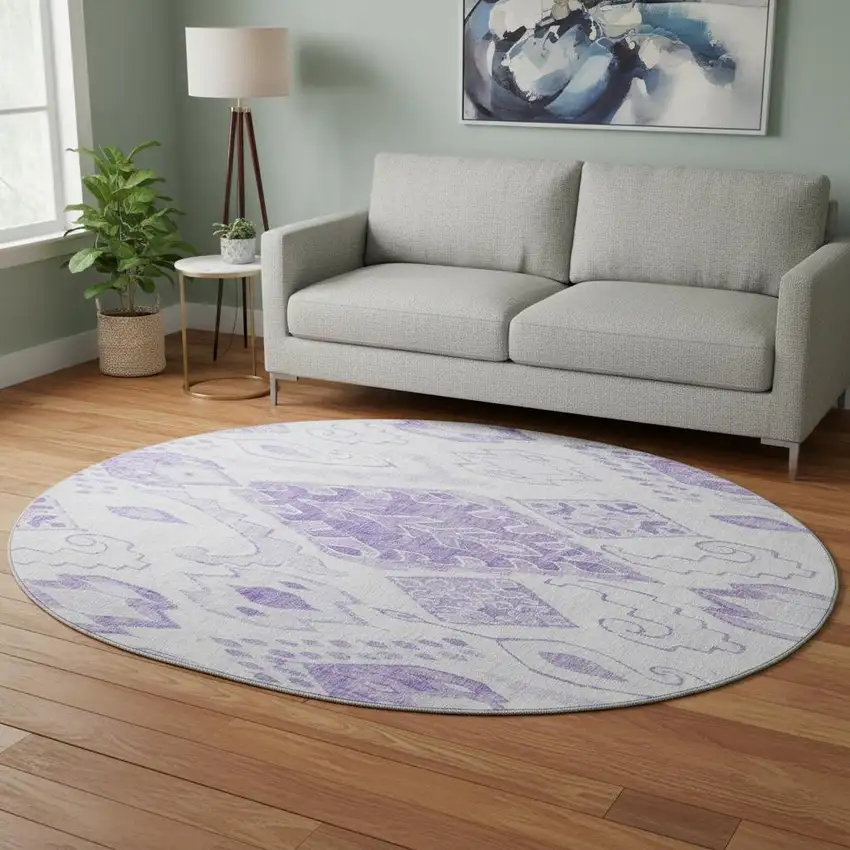 8' Purple And Ivory Moroccan Washable Round Rug With UV Protection Photo 2