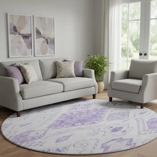8' Purple And Ivory Moroccan Washable Round Rug With UV Protection Photo 1