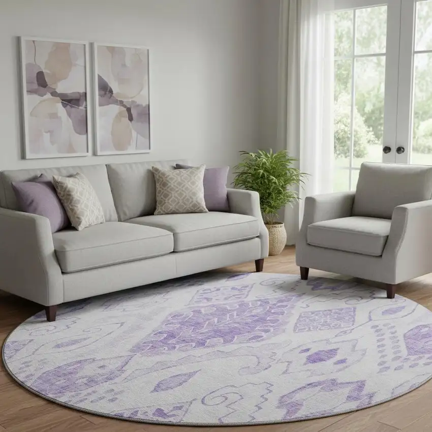8' Purple And Ivory Moroccan Washable Round Rug With UV Protection Photo 1
