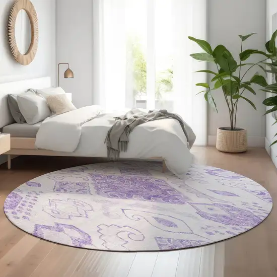 8' Purple And Ivory Moroccan Washable Round Rug With UV Protection Photo 5