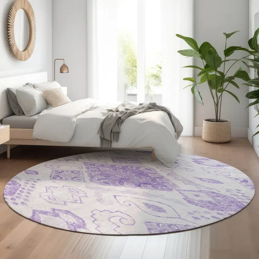 8' Purple And Ivory Moroccan Washable Round Rug With UV Protection Photo 5