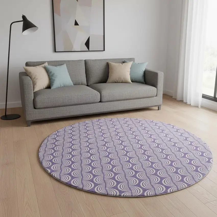 8' Purple And Ivory Ogee Washable Round Rug With UV Protection Photo 2