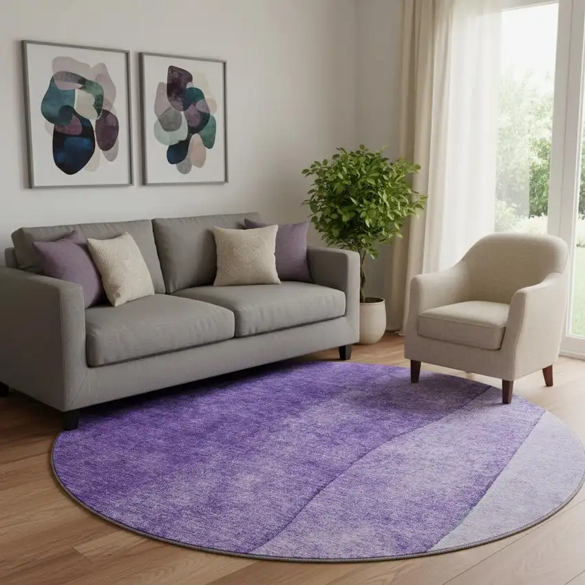 8' Purple And Ivory Ombre Washable Round Rug With UV Protection Photo 1