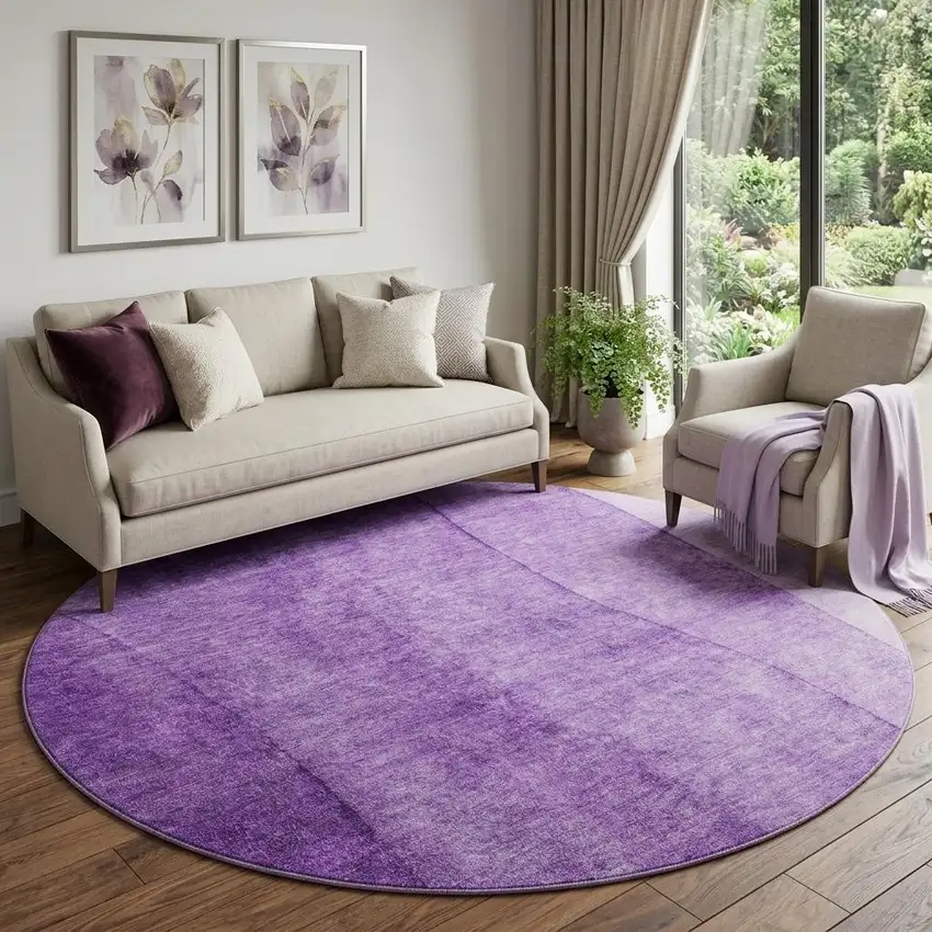 8' Purple And Ivory Ombre Washable Round Rug With UV Protection Photo 1