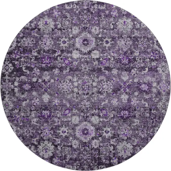8' Purple And Ivory Oriental Washable Round Rug With UV Protection Photo 1