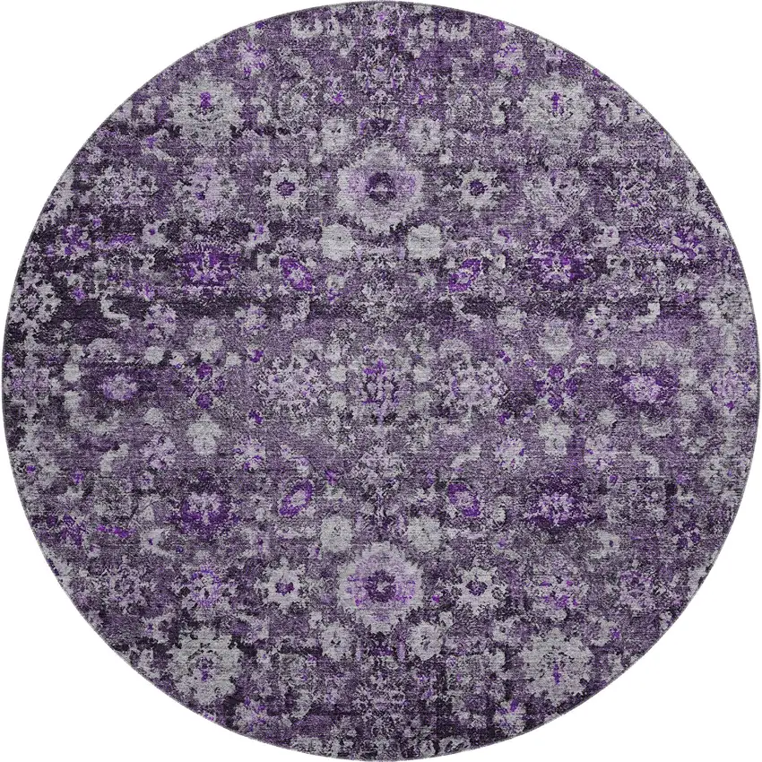 8' Purple And Ivory Oriental Washable Round Rug With UV Protection Photo 1