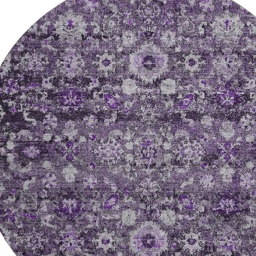 8' Purple And Ivory Oriental Washable Round Rug With UV Protection Photo 3