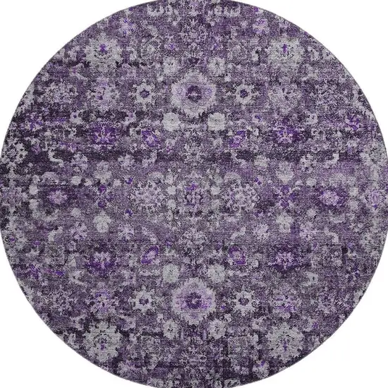 8' Purple And Ivory Oriental Washable Round Rug With UV Protection Photo 4