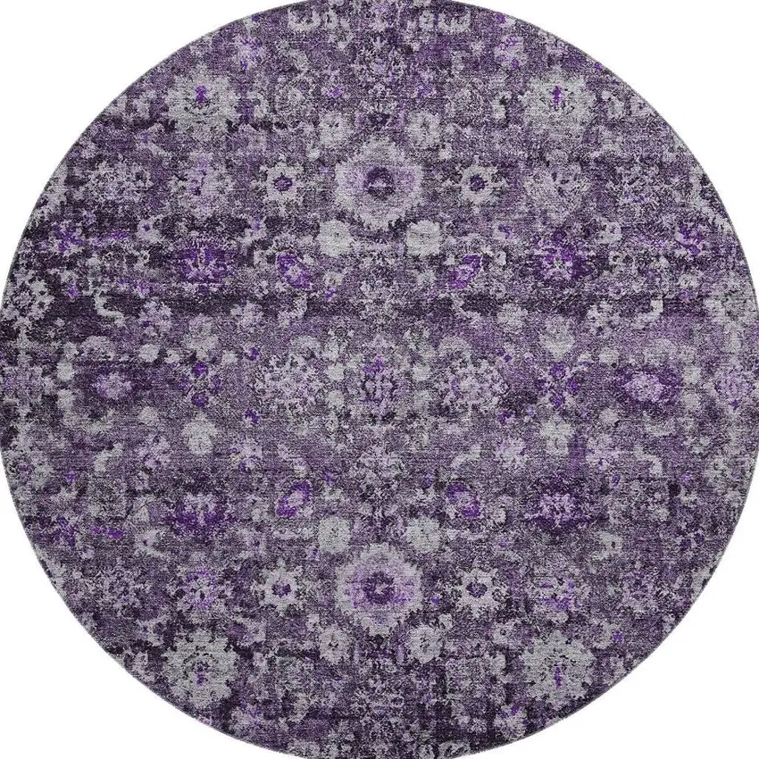 8' Purple And Ivory Oriental Washable Round Rug With UV Protection Photo 4