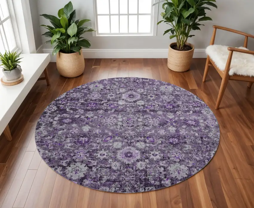 8' Purple And Ivory Oriental Washable Round Rug With UV Protection Photo 2