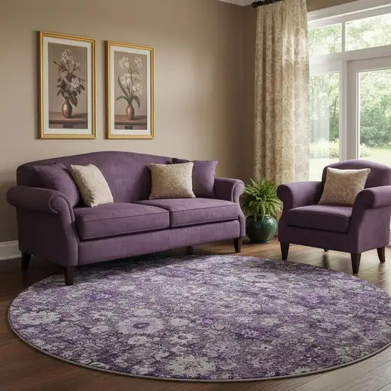 8' Purple And Ivory Oriental Washable Round Rug With UV Protection Photo 1