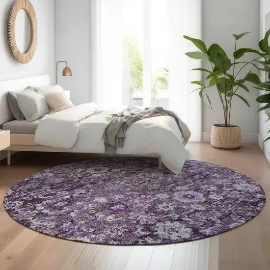 8' Purple And Ivory Oriental Washable Round Rug With UV Protection Photo 5