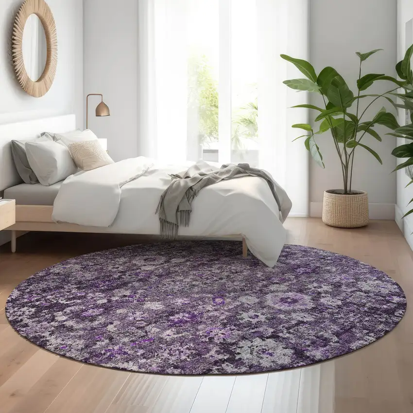 8' Purple And Ivory Oriental Washable Round Rug With UV Protection Photo 5