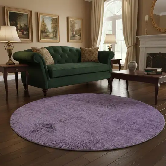 8' Purple And Ivory Oriental Washable Round Rug With UV Protection Photo 2