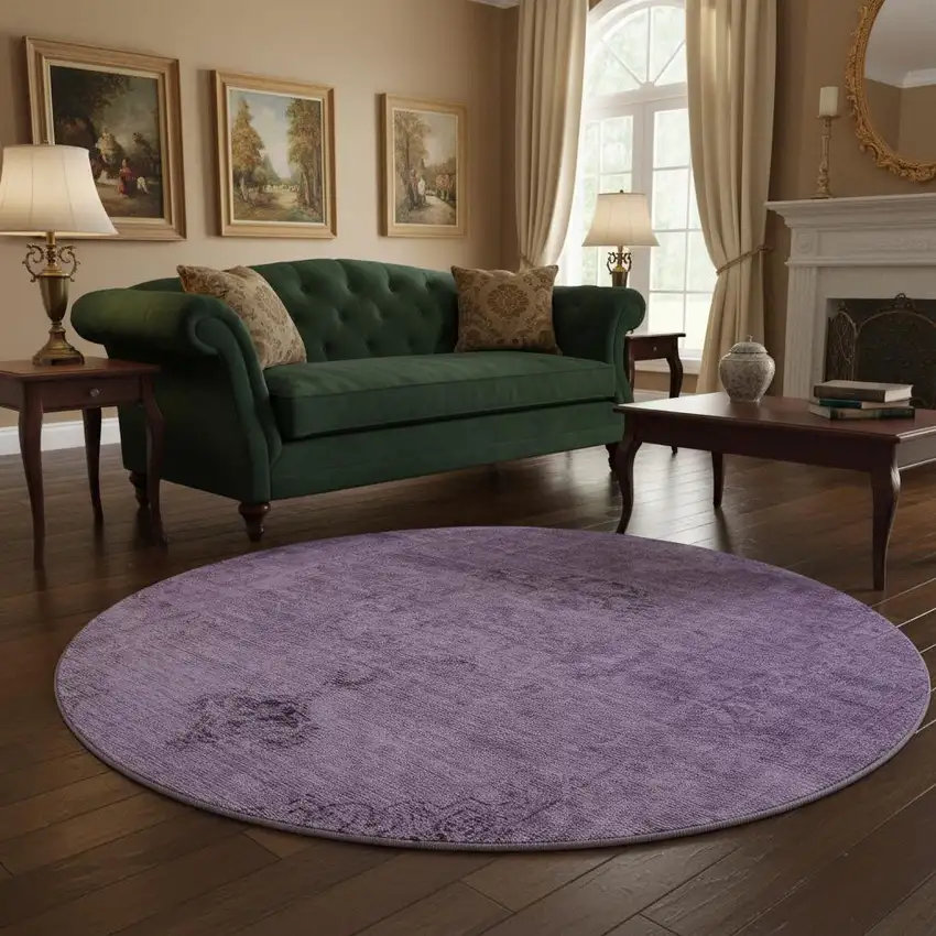 8' Purple And Ivory Oriental Washable Round Rug With UV Protection Photo 2