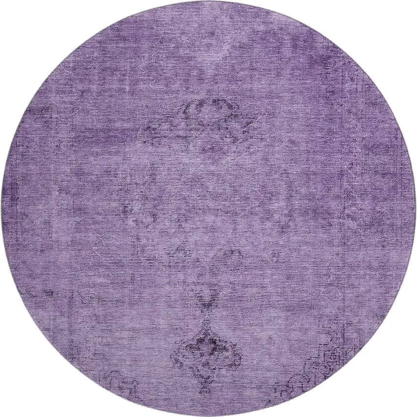 8' Purple And Ivory Oriental Washable Round Rug With UV Protection Photo 1