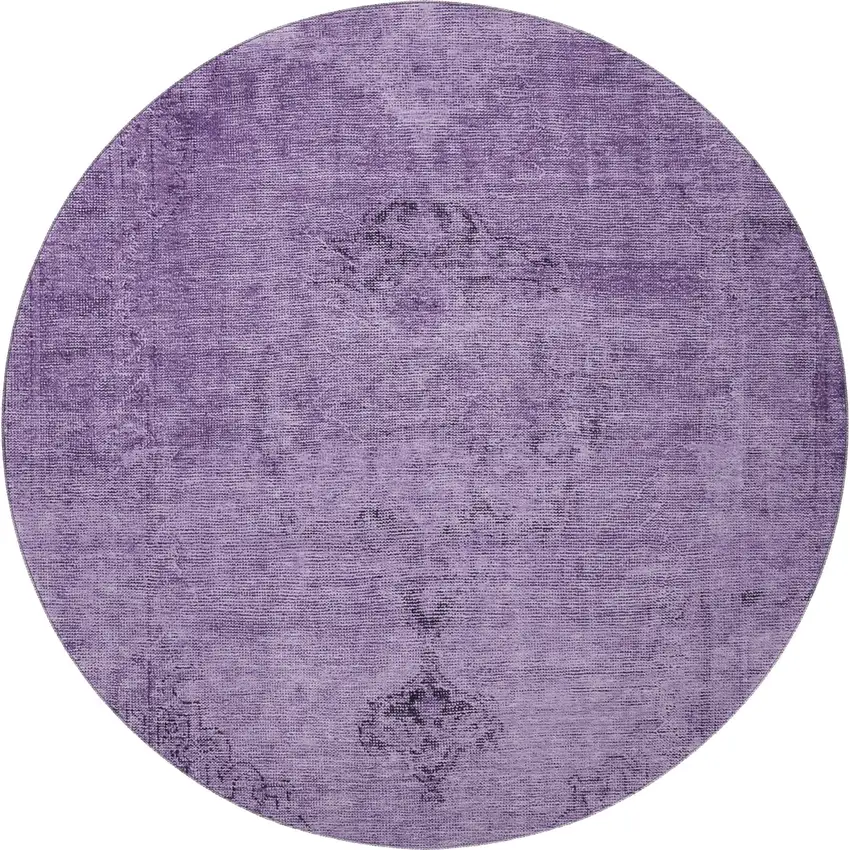 8' Purple And Ivory Oriental Washable Round Rug With UV Protection Photo 3